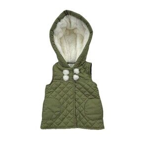 Aspen Kids 18M Olive Green Quilted Hooded Vest Faux Fur Lined Pom Pom Winter